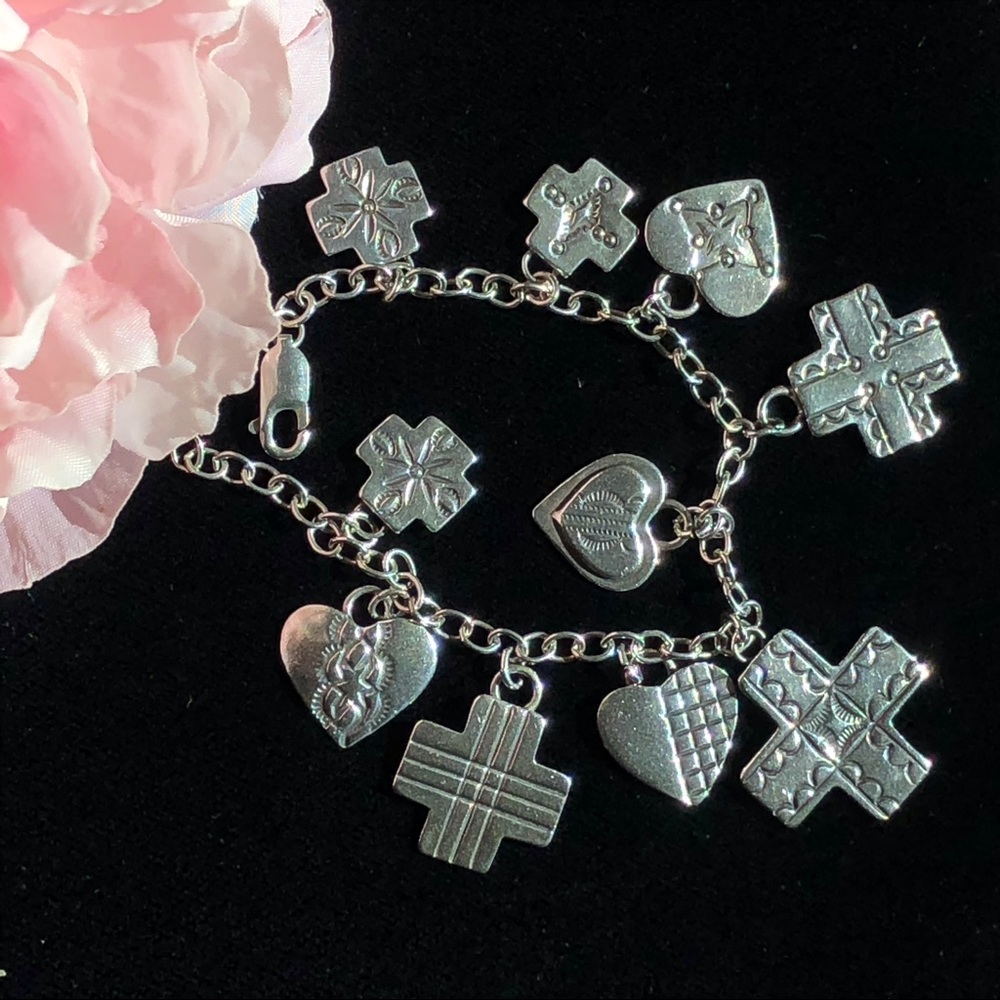 Sterling Silver Charm Bracelet w/Hearts&Crosses - Picture 2 of 7